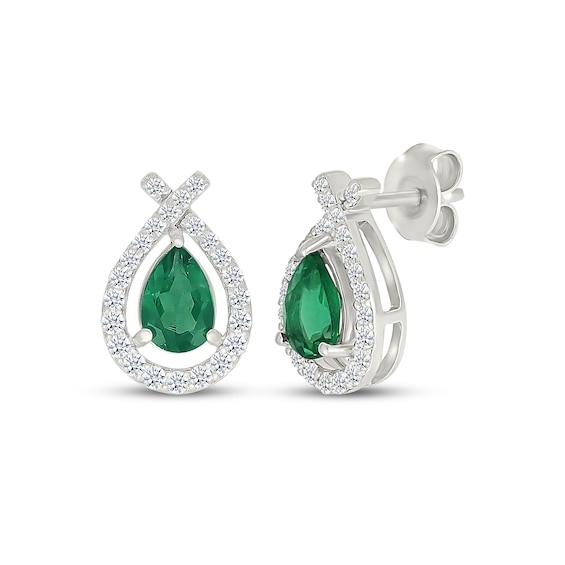 Pear-Shaped Lab-Created Emerald & White Lab-Created Sapphire Teardrop Earrings Sterling Silver