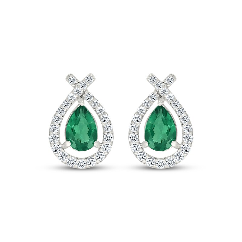 Main Image 2 of Pear-Shaped Lab-Created Emerald & White Lab-Created Sapphire Teardrop Earrings Sterling Silver