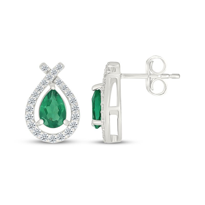 Main Image 3 of Pear-Shaped Lab-Created Emerald & White Lab-Created Sapphire Teardrop Earrings Sterling Silver