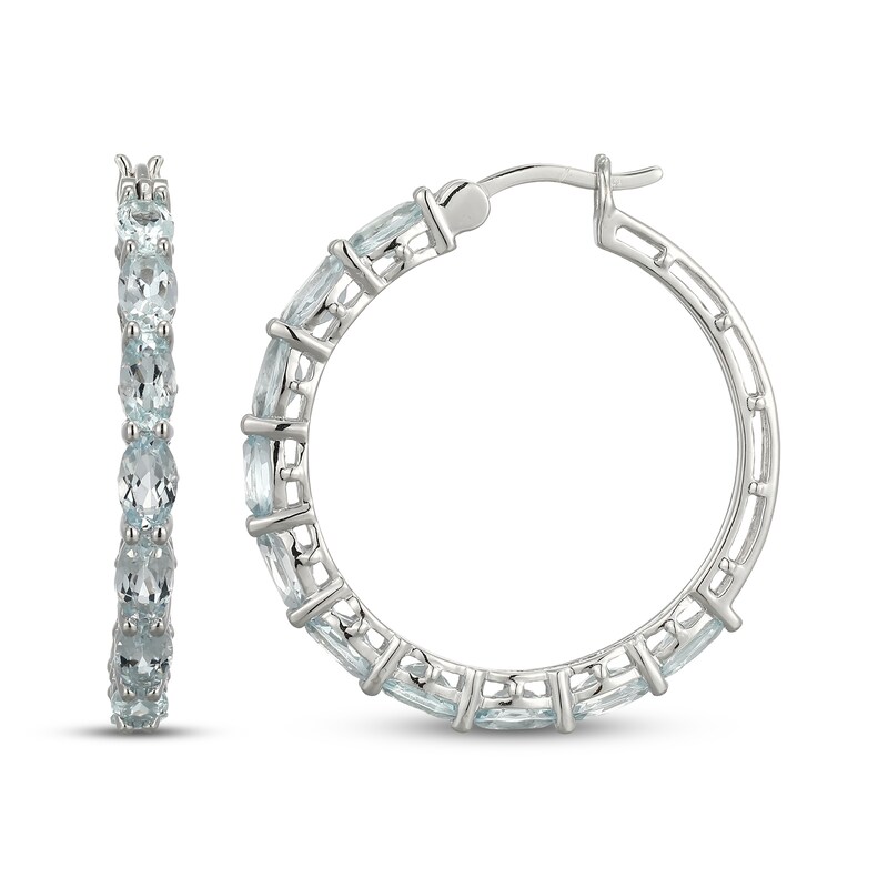 Main Image 3 of Oval-Cut Aquamarine Hoop Earrings Sterling Silver