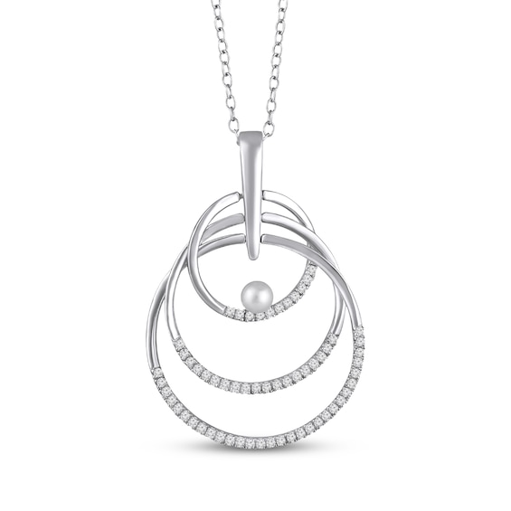 Cultured Pearl & White Lab-Created Sapphire Layered Circles Necklace Sterling Silver 18"