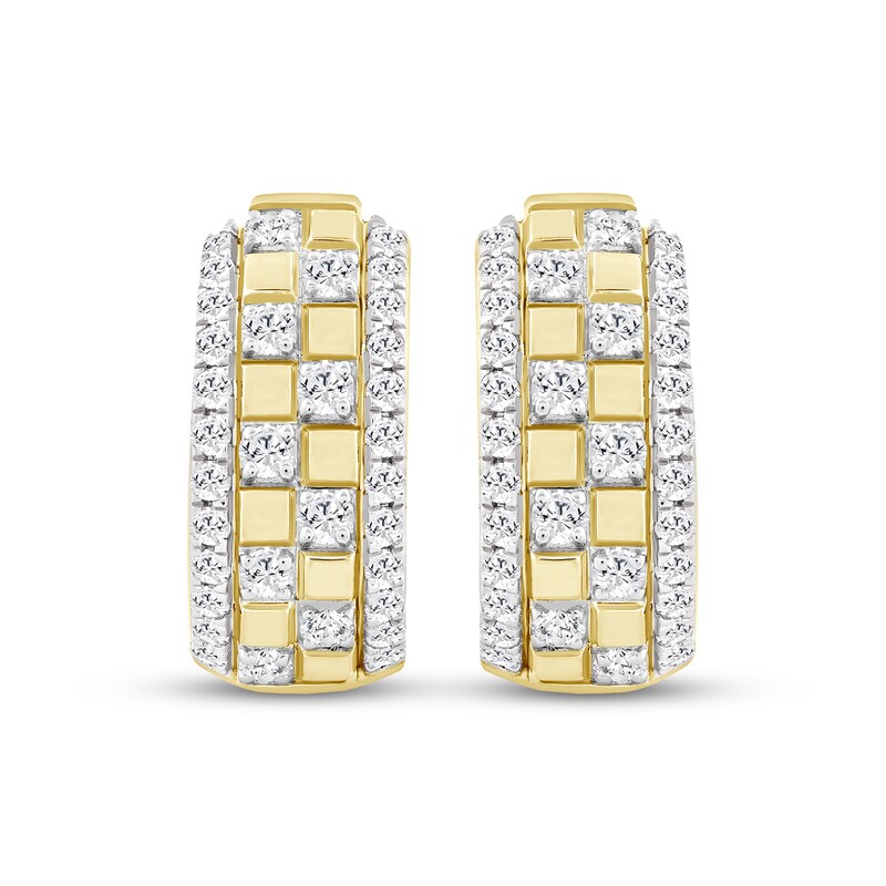 Main Image 2 of Men's Diamond Checkerboard Huggie Hoop Earrings 1/2 ct tw 10K Yellow Gold
