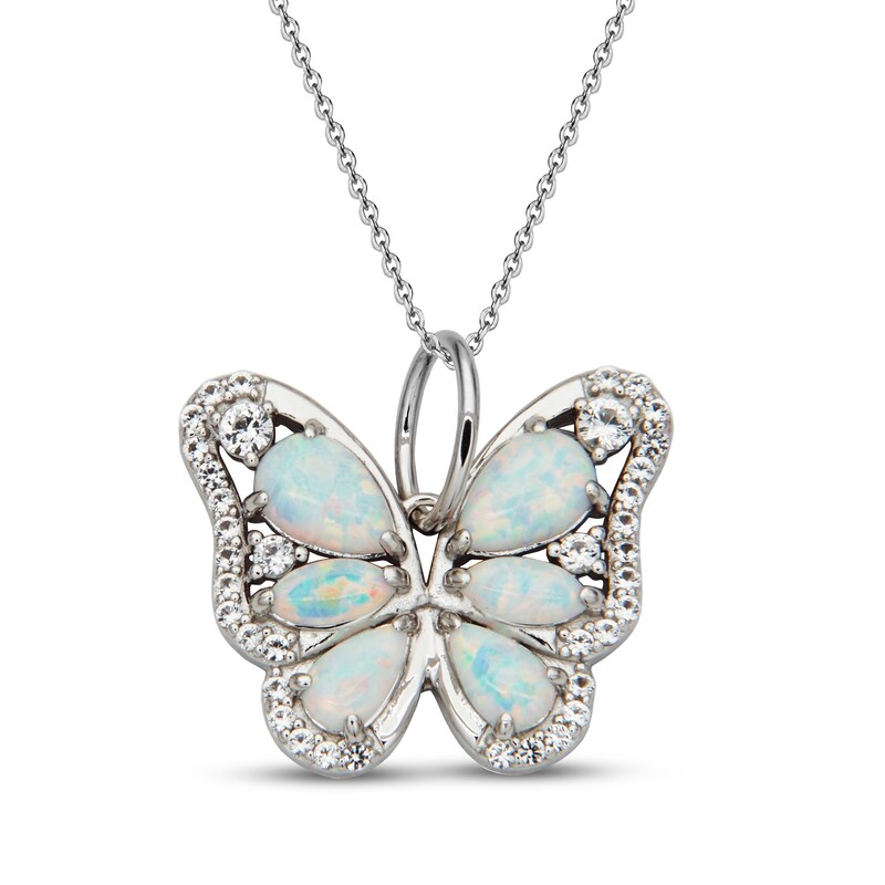 Main Image 1 of Pear-Shaped & Marquise-Cut Lab-Created Opal & White Lab-Created Sapphire Butterfly Necklace Sterling Silver 18"