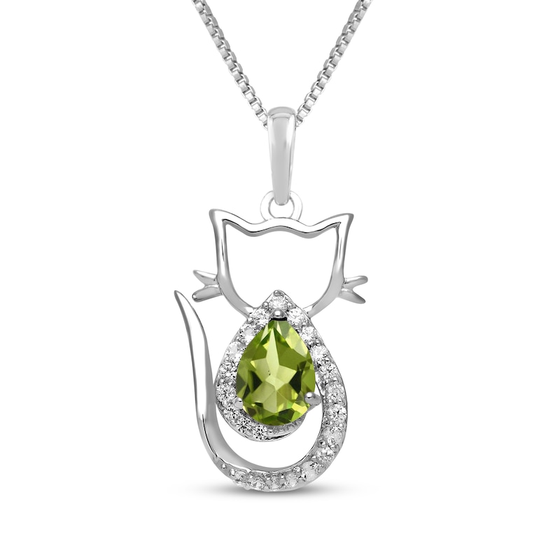 Main Image 1 of Pear-Shaped Peridot & White Lab-Created Sapphire Cat Necklace Sterling Silver 18"