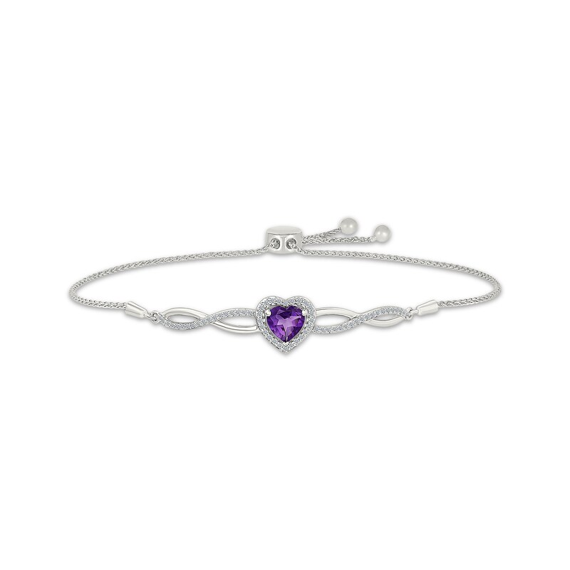 Main Image 1 of Heart-Shaped Amethyst & White Lab-Created Sapphire Twist Bolo Bracelet Sterling Silver 9.5"