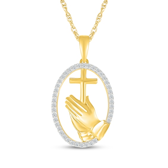 Diamond Oval Halo Prayer Hands Necklace 1/8 ct tw 10K Yellow Gold 18"