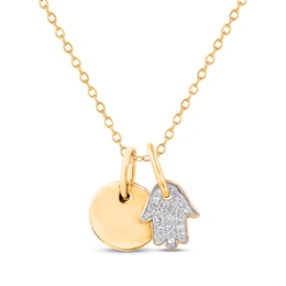 Multi-Diamond Hamsa and Disc Charm Necklace 1/20 ct tw 14K Yellow Gold 18"