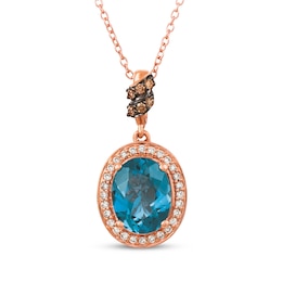 Le Vian Oval-Cut Blue Topaz Halo Necklace 1/6 ct tw Diamonds 14K Strawberry Gold 18"