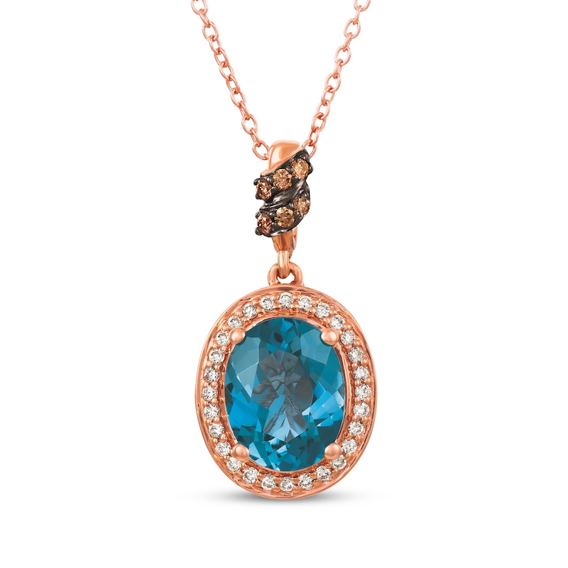 Main Image 1 of Le Vian Oval-Cut Blue Topaz Halo Necklace 1/6 ct tw Diamonds 14K Strawberry Gold 18"