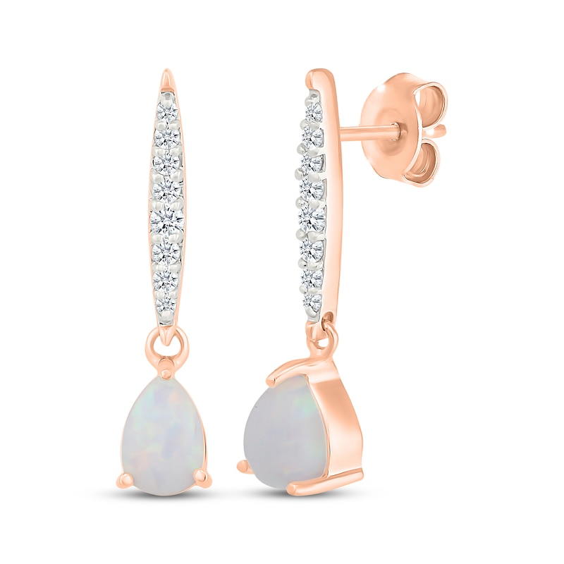 Main Image 1 of Pear-Shaped Lab-Created Opal & Diamond Drop Earrings 1/8 ct tw 10K Rose Gold