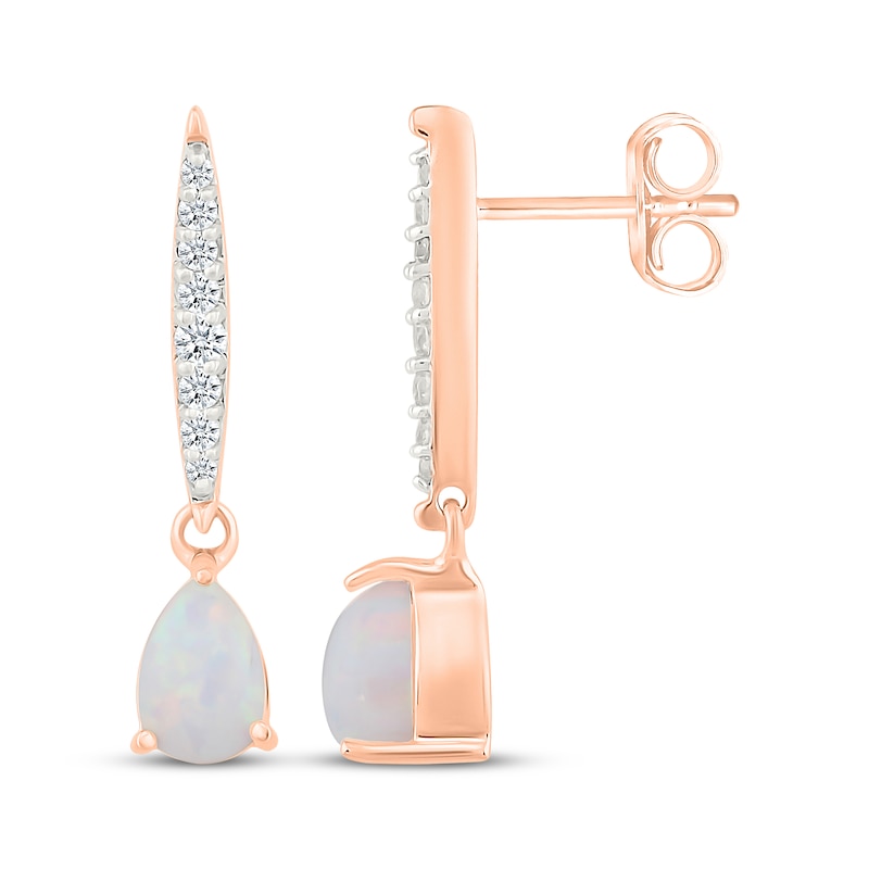 Main Image 3 of Pear-Shaped Lab-Created Opal & Diamond Drop Earrings 1/8 ct tw 10K Rose Gold