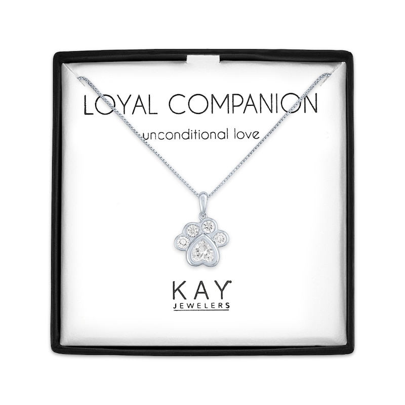 Main Image 1 of Heart-Shaped & Round-Cut White Lab-Created Sapphire Paw Print Necklace Sterling Silver 18"