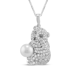 Cultured Pearl & White Lab-Created Sapphire Teddy Bear Necklace Sterling Silver 18"