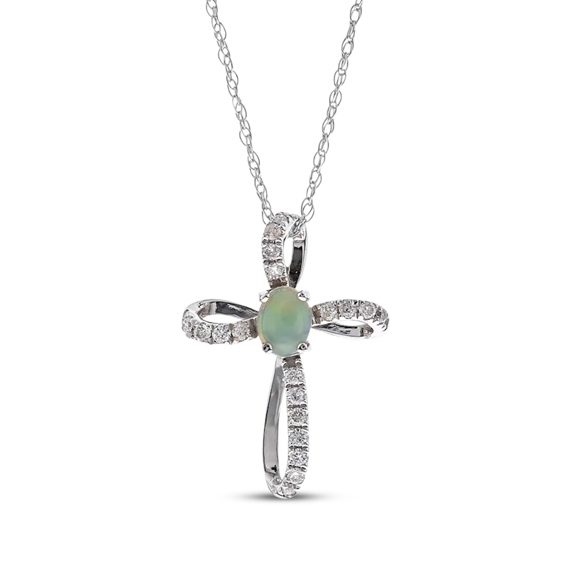 Main Image 1 of Oval-Cut Opal & Diamond Cross Necklace 1/10 ct tw 10K White Gold 18"