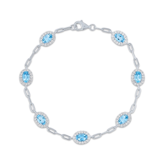 Oval-Cut Swiss Blue Topaz & White Lab-Created Sapphire Station Bracelet Sterling Silver 7.5"