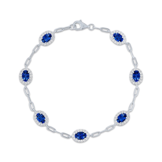 Oval-Cut Blue Lab-Created Sapphire & White Lab-Created Sapphire Station Bracelet Sterling Silver 7.5"