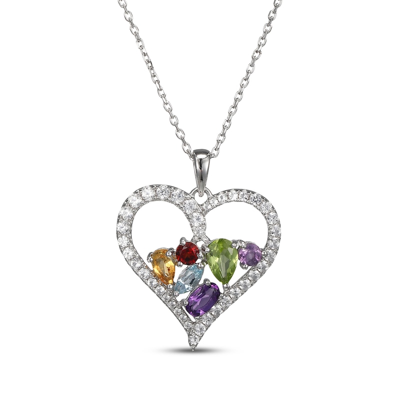 Main Image 1 of Multi-Shape Citrine, Peridot, Amethyst, Sky Blue Topaz, Garnet & White Lab-Created Sapphire Cluster Heart Necklace Sterling Silver 18"