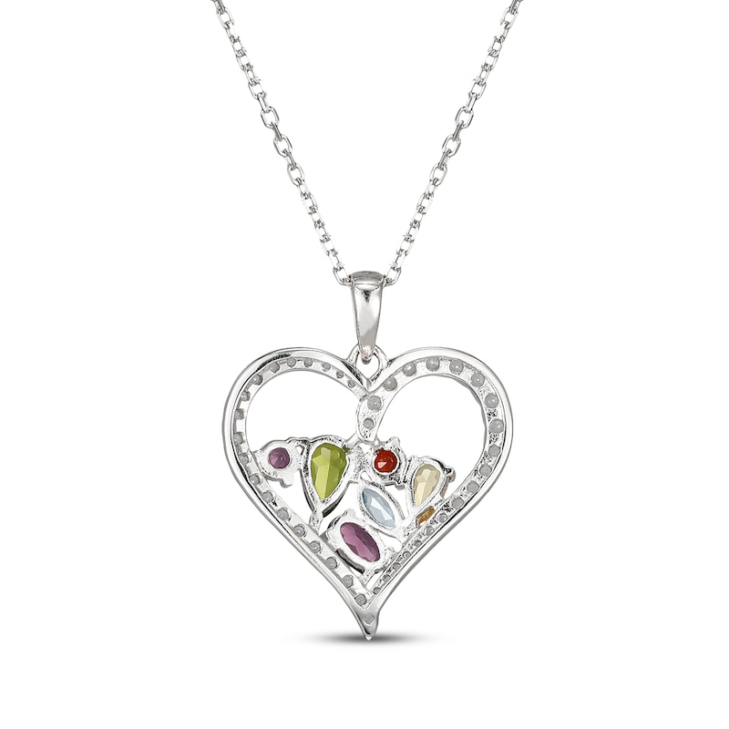 Main Image 3 of Multi-Shape Citrine, Peridot, Amethyst, Sky Blue Topaz, Garnet & White Lab-Created Sapphire Cluster Heart Necklace Sterling Silver 18"