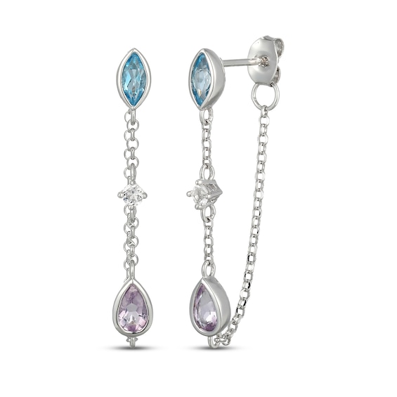 Marquise-Cut Swiss Blue Topaz & Pear-Shaped Amethyst Chain Front-Back Earrings Sterling Silver