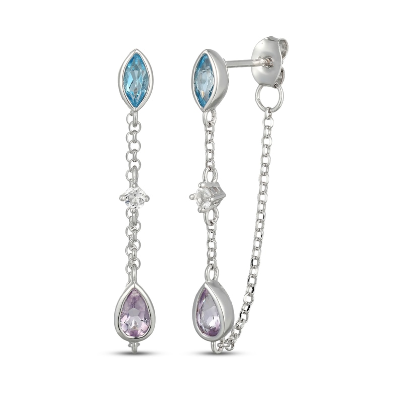 Main Image 1 of Marquise-Cut Swiss Blue Topaz & Pear-Shaped Amethyst Chain Front-Back Earrings Sterling Silver
