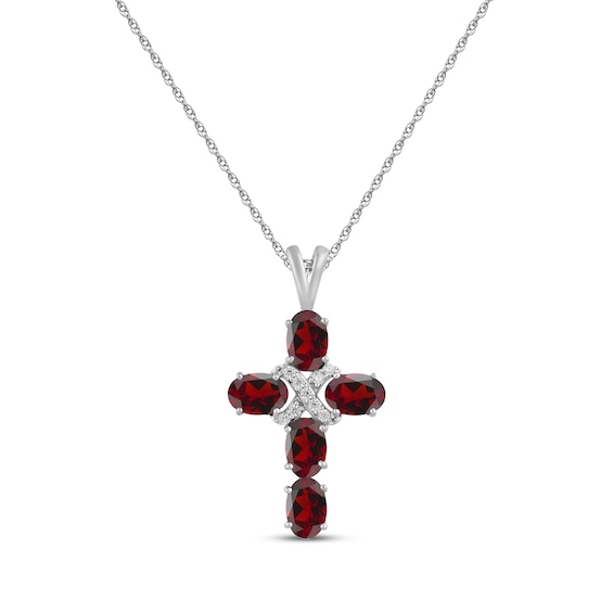 Oval-Cut Garnet & White Lab-Created Sapphire Cross Necklace Sterling Silver 18"