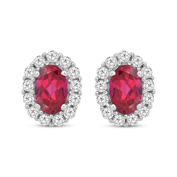 Oval-Cut Lab-Created Ruby & White Lab-Created Sapphire Halo Earrings Sterling Silver