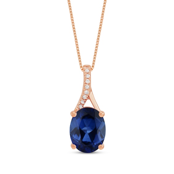 Oval-Cut Blue Lab-Created Sapphire & Diamond Accent Necklace 10K Rose Gold 18"