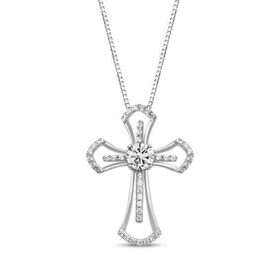 White Lab-Created Sapphire Cross Necklace Sterling Silver 18"