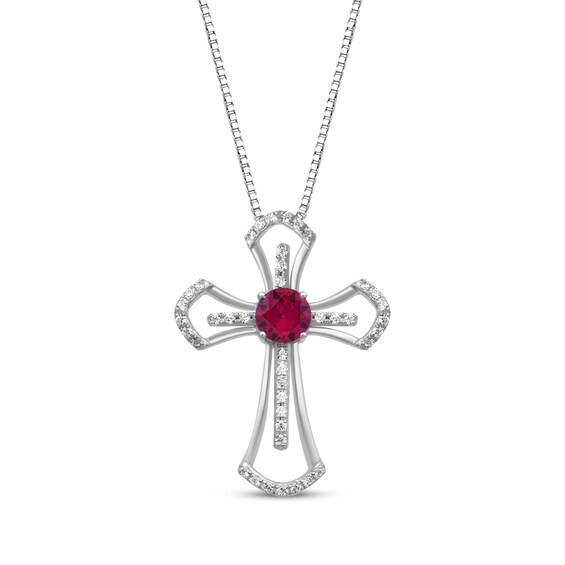 Lab-Created Ruby & White Lab-Created Sapphire Cross Necklace Sterling Silver 18"