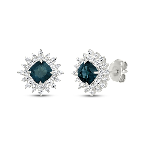 Cushion-Cut London Blue Topaz & White Lab-Created Sapphire Starburst Stud Earrings Sterling Silver