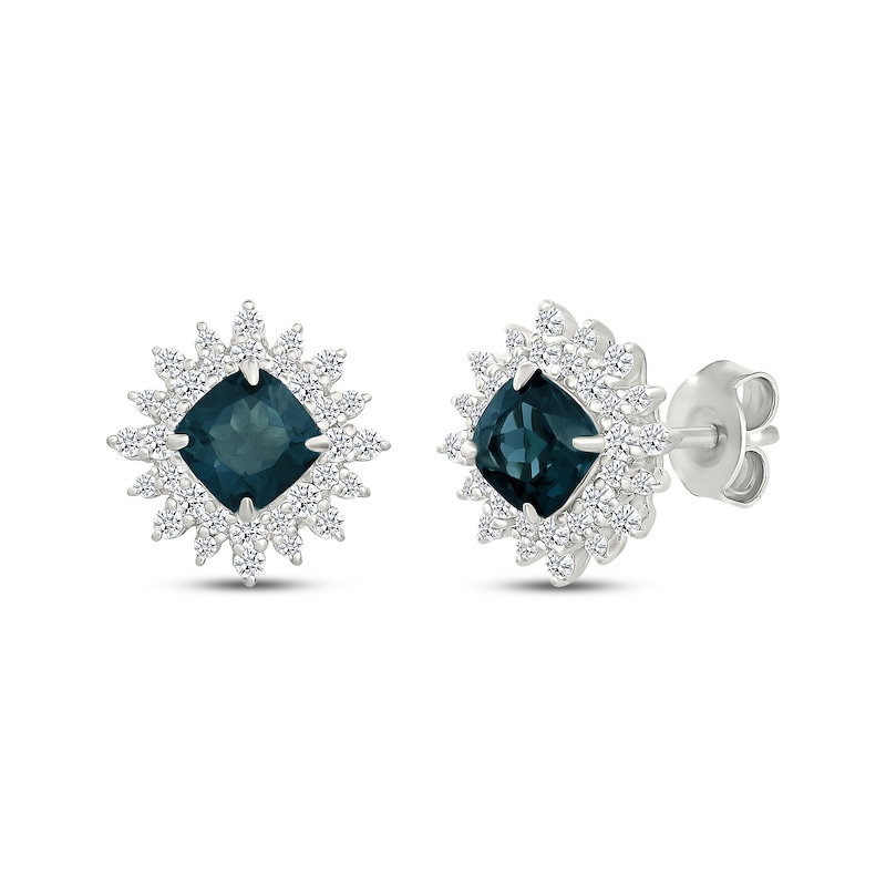 Main Image 1 of Cushion-Cut London Blue Topaz & White Lab-Created Sapphire Starburst Stud Earrings Sterling Silver