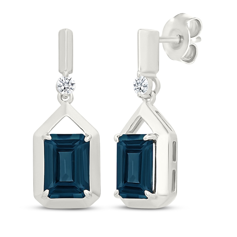 Main Image 1 of Emerald-Cut London Blue Topaz & White Lab-Created Sapphire Drop Earrings Sterling Silver