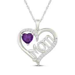 Heart-Shaped Amethyst & White Lab-Created Sapphire "Mom" Heart Necklace Sterling Silver 18"
