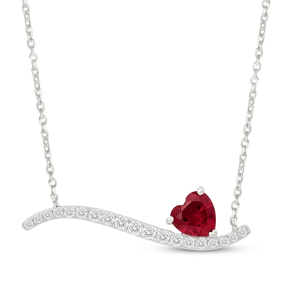 Heart-Shaped Lab-Created Ruby & White Lab-Created Sapphire Wave Bar Necklace Sterling Silver 18"