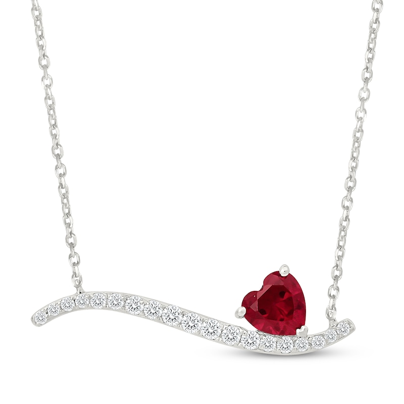Main Image 1 of Heart-Shaped Lab-Created Ruby & White Lab-Created Sapphire Wave Bar Necklace Sterling Silver 18"