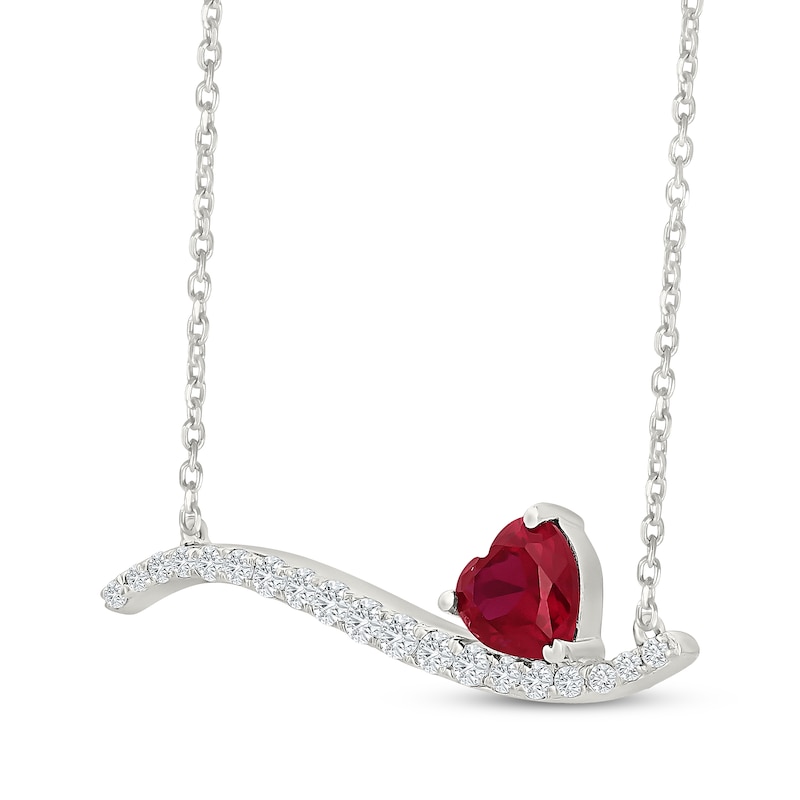 Main Image 2 of Heart-Shaped Lab-Created Ruby & White Lab-Created Sapphire Wave Bar Necklace Sterling Silver 18"