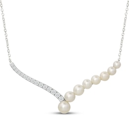 Cultured Pearl & White Lab-Created Sapphire "V" Necklace Sterling Silver 18"