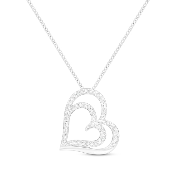 Diamond Tilted Double Heart Necklace 1/8 ct tw Sterling Silver 19"