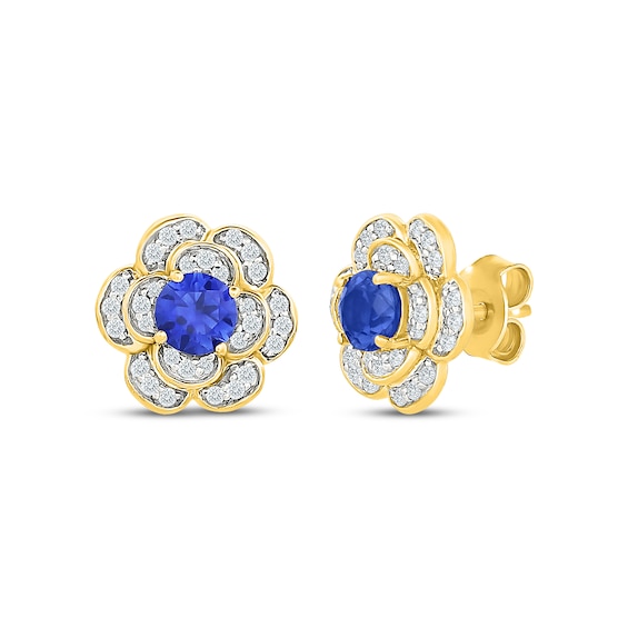 Blue & White Lab-Created Sapphire Flower Stud Earrings 24K Yellow Gold Vermeil Sterling Silver