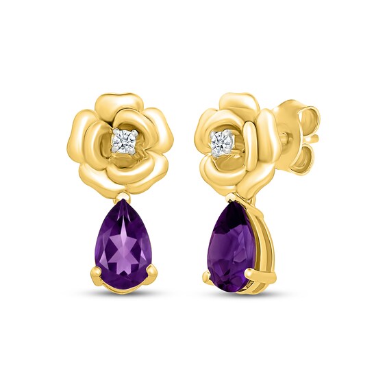 Pear-Shaped Natural Amethyst & White Lab-Created Sapphire Drop Earrings 24K Yellow Gold Vermeil Sterling Silver