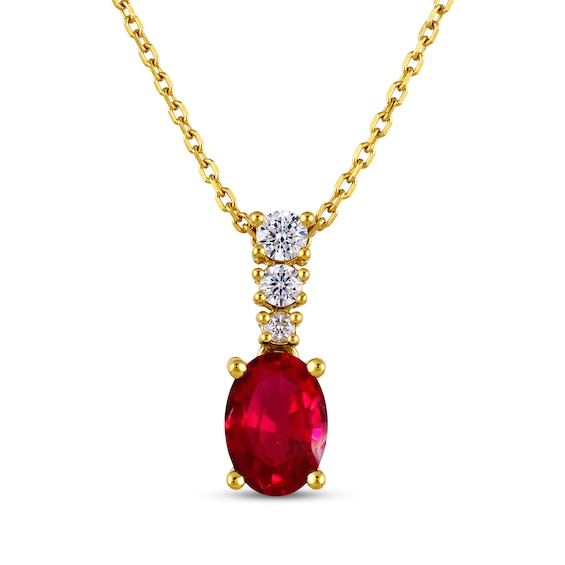 KAY Lab-Grown Diamonds & Oval-Cut Lab-Created Ruby Drop Necklace 1/10 ct tw 10K Yellow Gold 18"