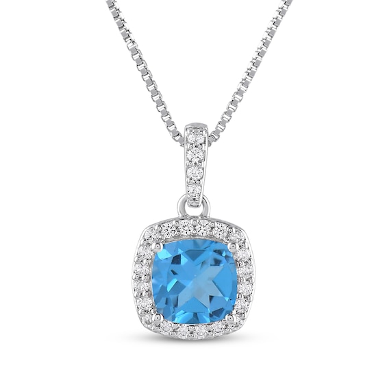 Cushion-Cut Natural Swiss Blue Topaz & White Lab-Created Sapphire Halo Necklace Sterling Silver 18"