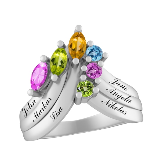 Marquise and Round Birthstone Family & Mother's Bypass Ring (2-6 Stones and Lines)