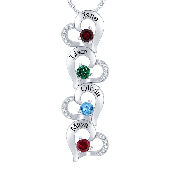 Mother's Family Birthstone Vertical Hearts Drop Necklace (2-4 Stones and Lines)
