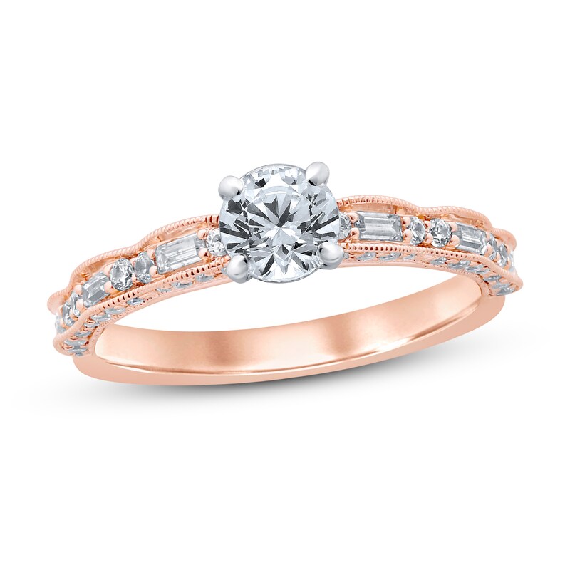 Diamond Engagement Ring 7/8 ct tw Round & Baguette-cut 14K Rose Gold