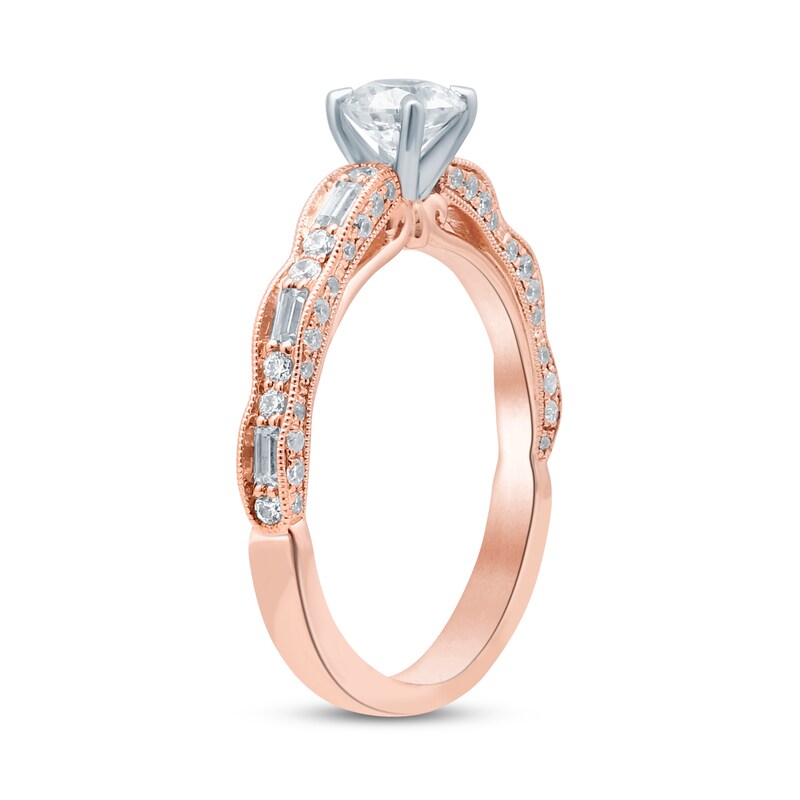 Diamond Engagement Ring 7/8 ct tw Round & Baguette-cut 14K Rose Gold