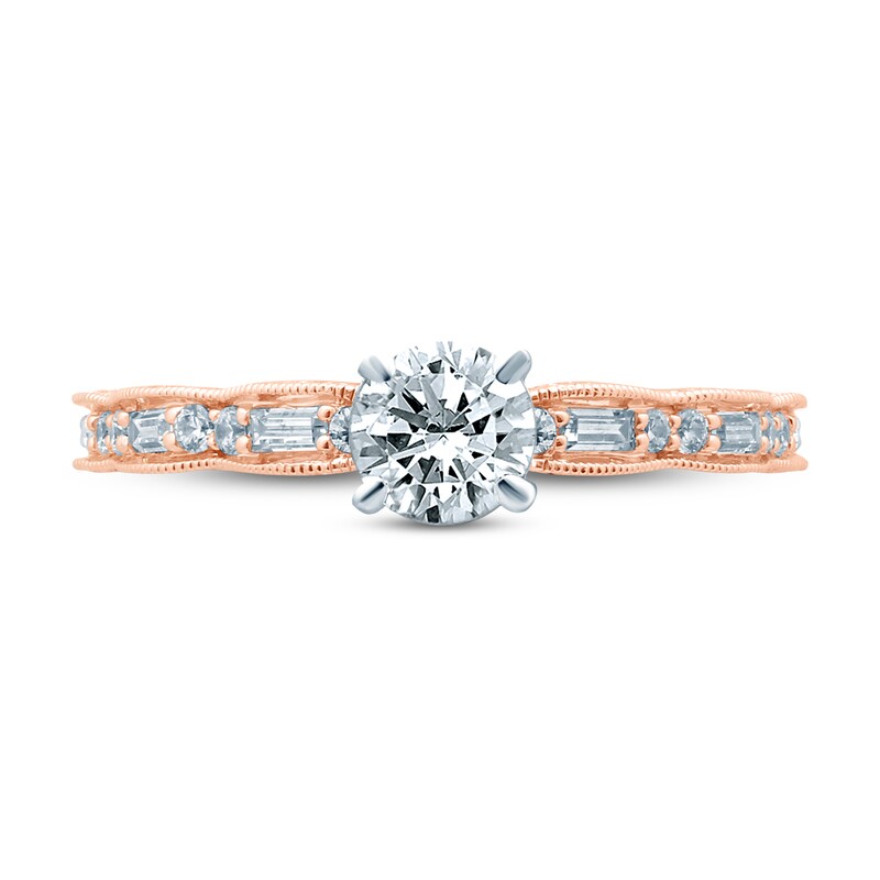 Diamond Engagement Ring 7/8 ct tw Round & Baguette-cut 14K Rose Gold