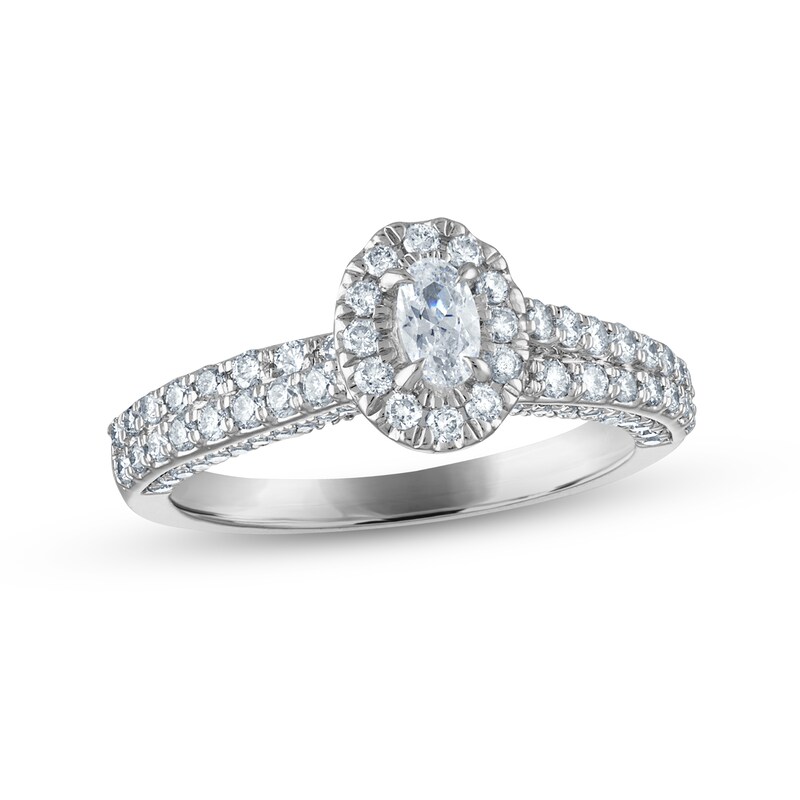 Diamond Halo Engagement Ring 1-1/8 ct tw Oval & Round-cut 14K White Gold