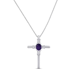 Amethyst & White Lab-Created Sapphire Cross Necklace Sterling Silver 18"