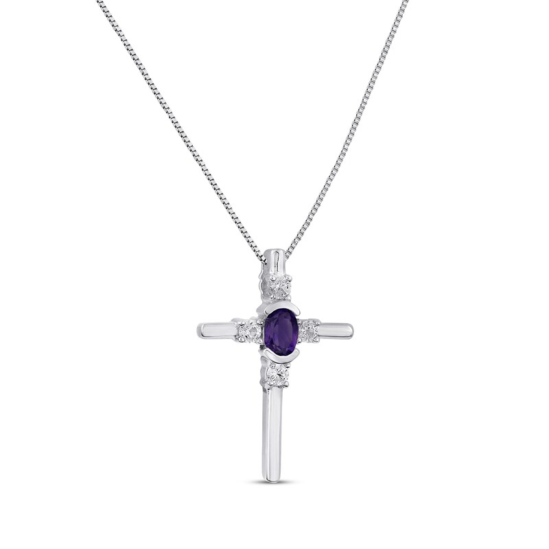 Main Image 2 of Amethyst & White Lab-Created Sapphire Cross Necklace Sterling Silver 18"